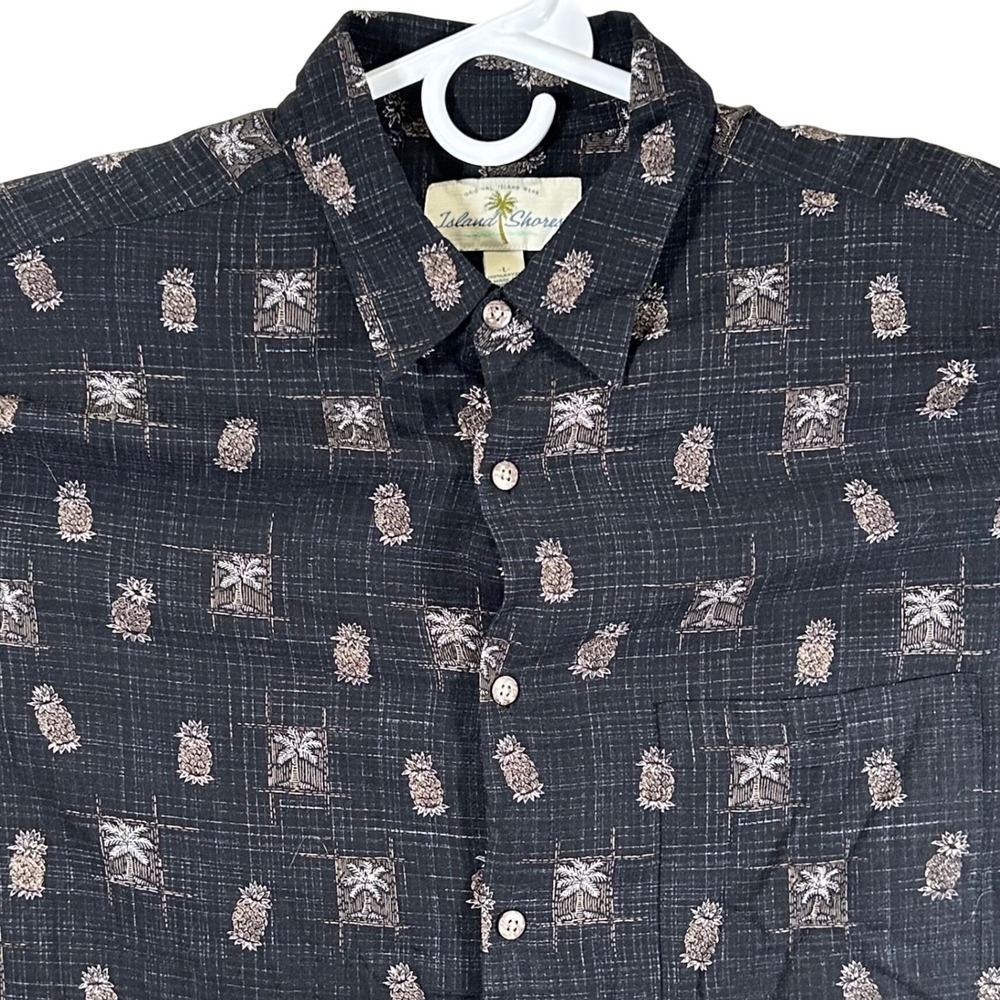 Island Shores Mens Large Black Rayon Pineapple Palm Tree Tropical Hawaiian Shirt